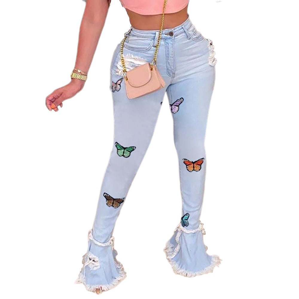 Fashion Butterfly Embroidered Ruffled Hole Denim