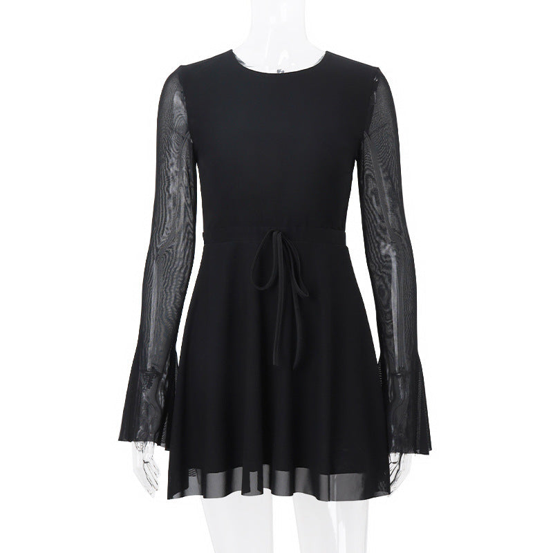 Temperament Crew Neck Horn Long Sleeve Mesh Dress Sexy Backless Skinny Skirt