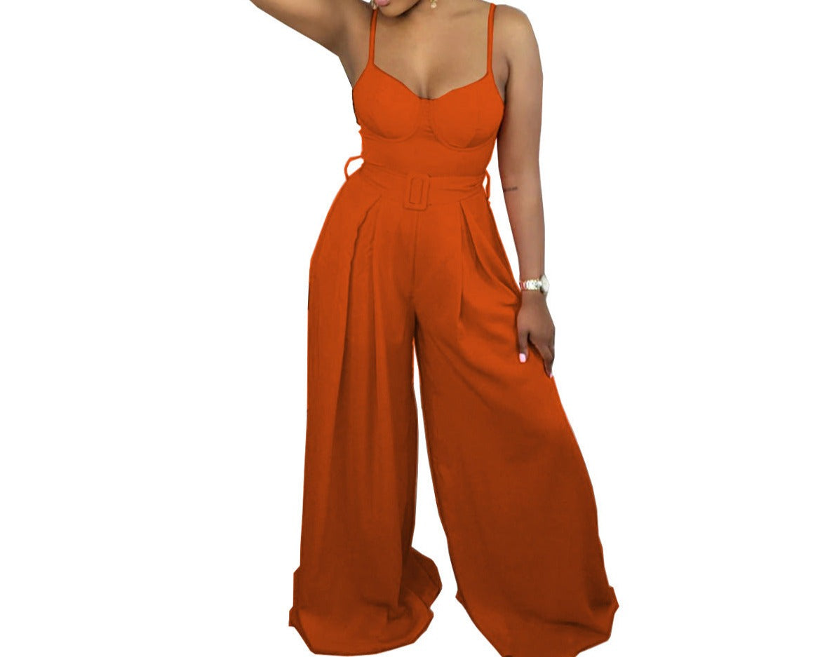 Fashion Solid Color Suspender Wide Leg Ladies Jumpsuit