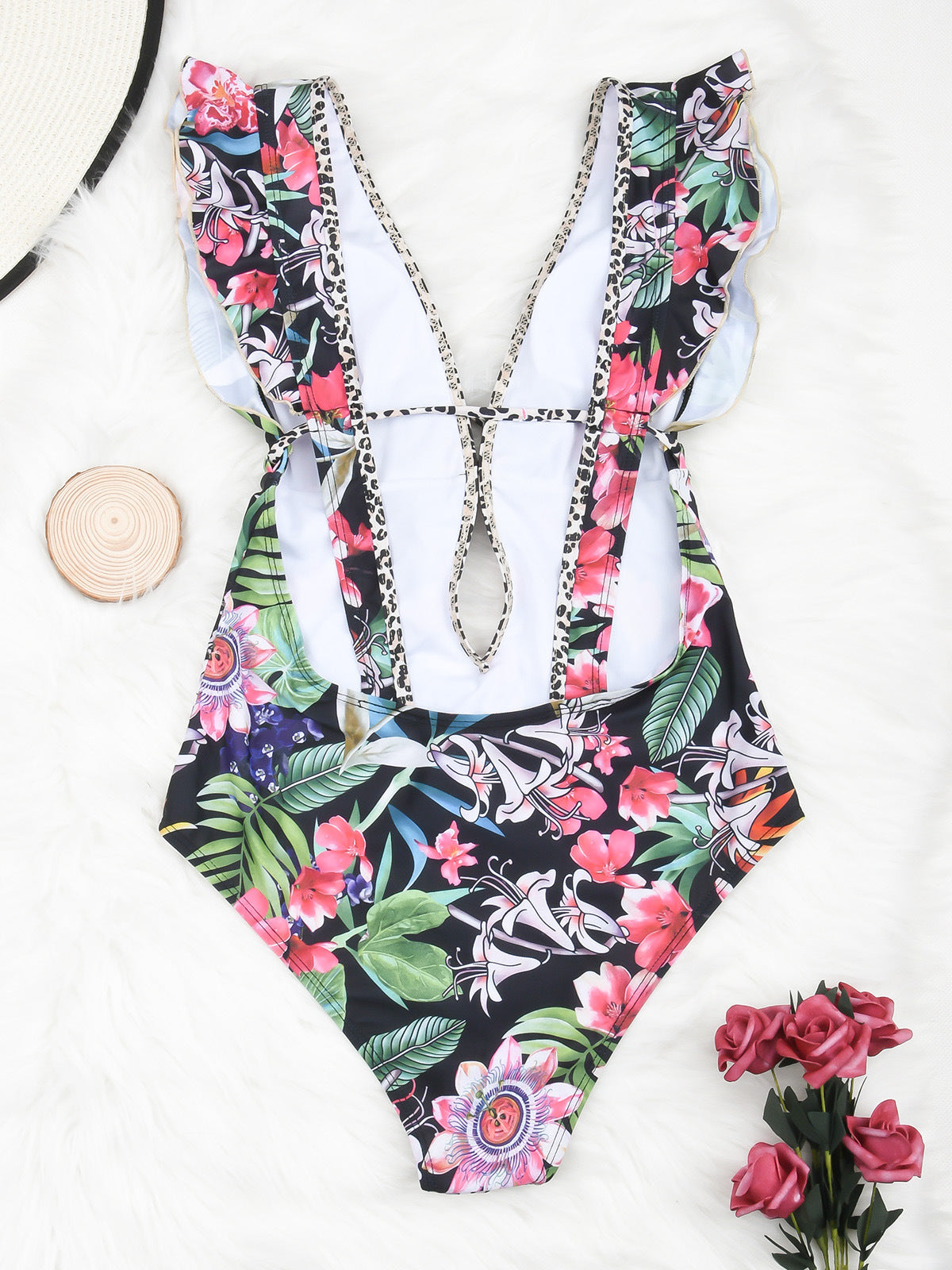 Fashion Ruffled Deep V One-piece Swimsuit
