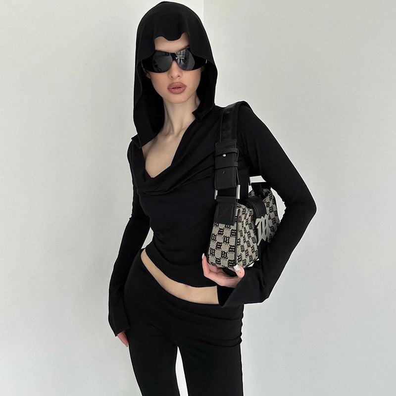 Solid Color Swing Collar Off-shoulder Hooded Top