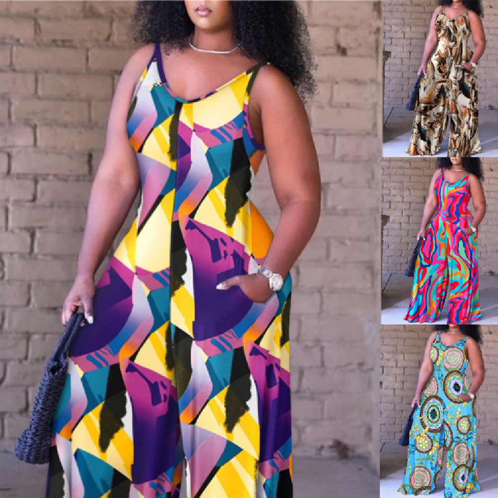 Women's Printed Loose Suspender Jumpsuit