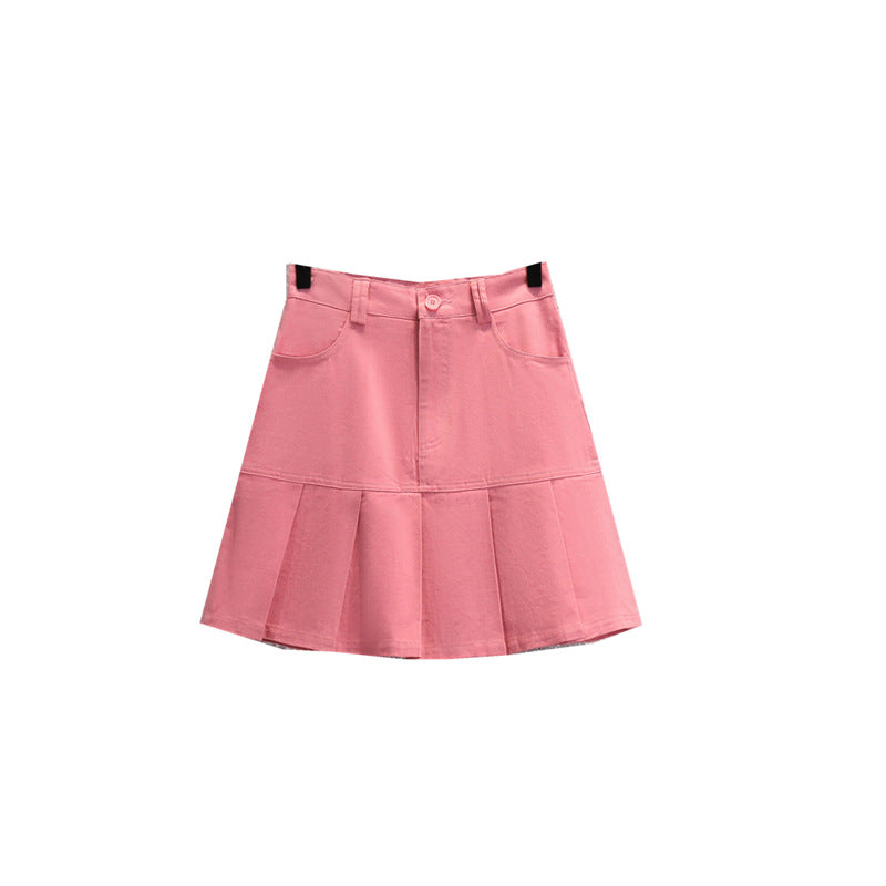 Half-length Skirt High Waist Slim Slimming Pleated Denim A-line Skirt