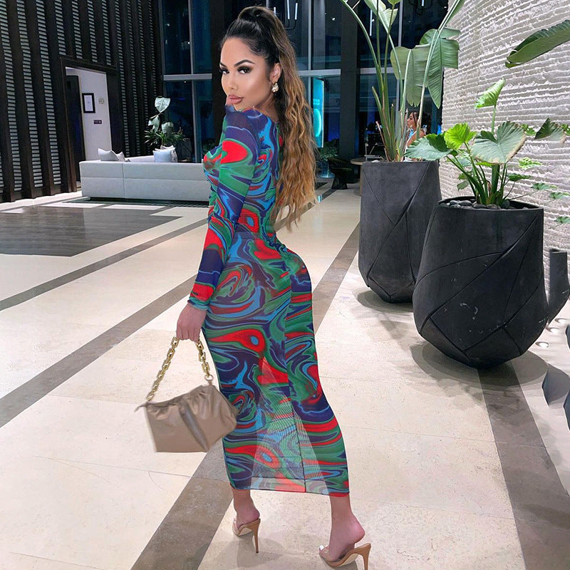 Printed Contrast Color Design Sense Bag Hip Dress
