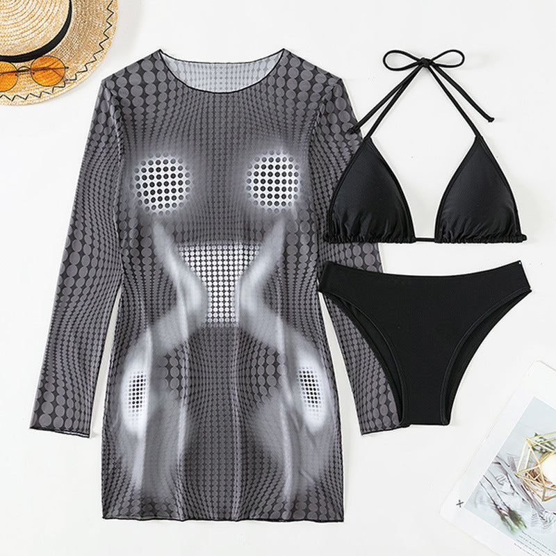 Printed Long Sleeve Three-piece Suit Swimsuit
