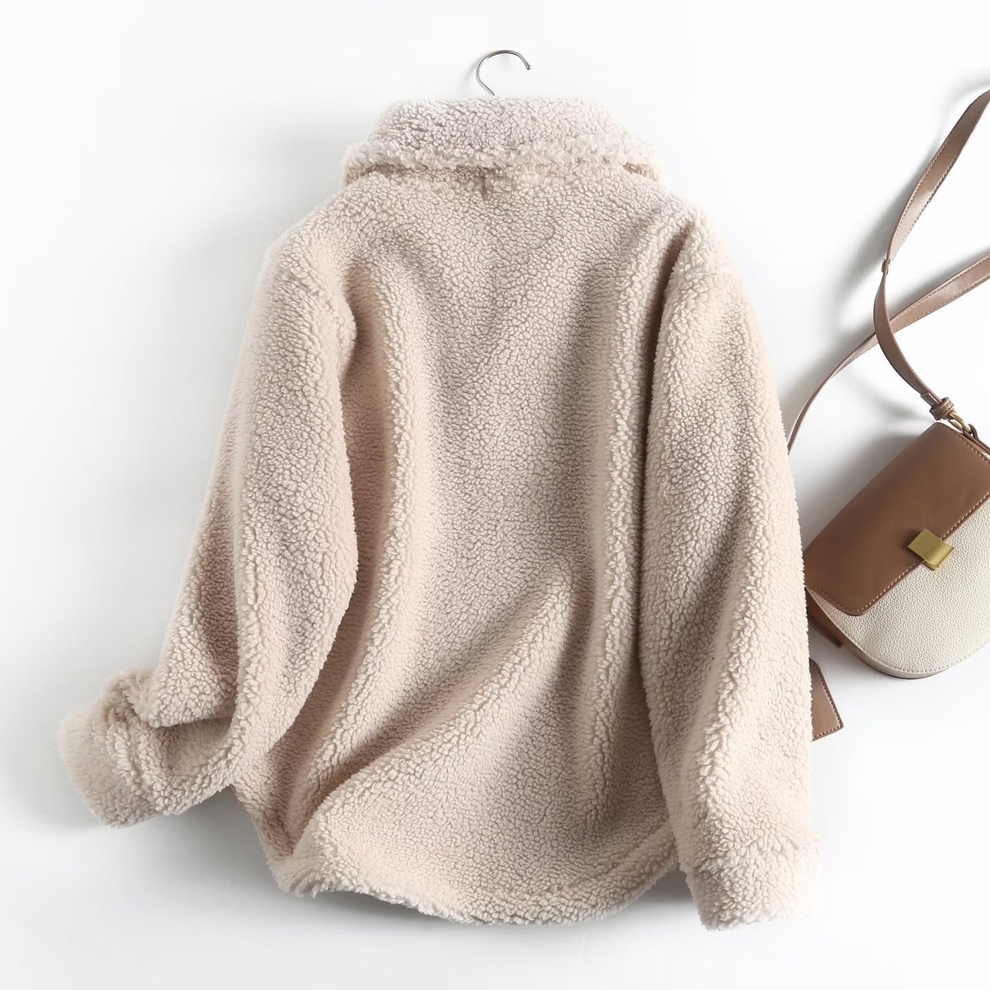 Simple Casual Sweatshirt Zipper Collar Lamb Wool Loose Pullover Coat