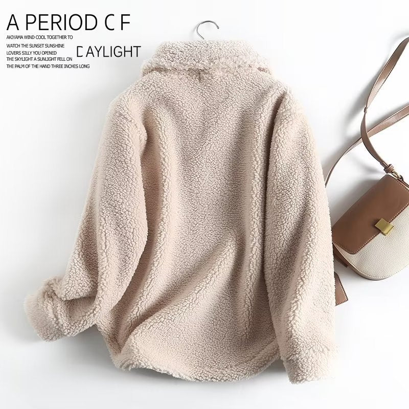 Simple Casual Sweatshirt Zipper Collar Lamb Wool Loose Pullover Coat