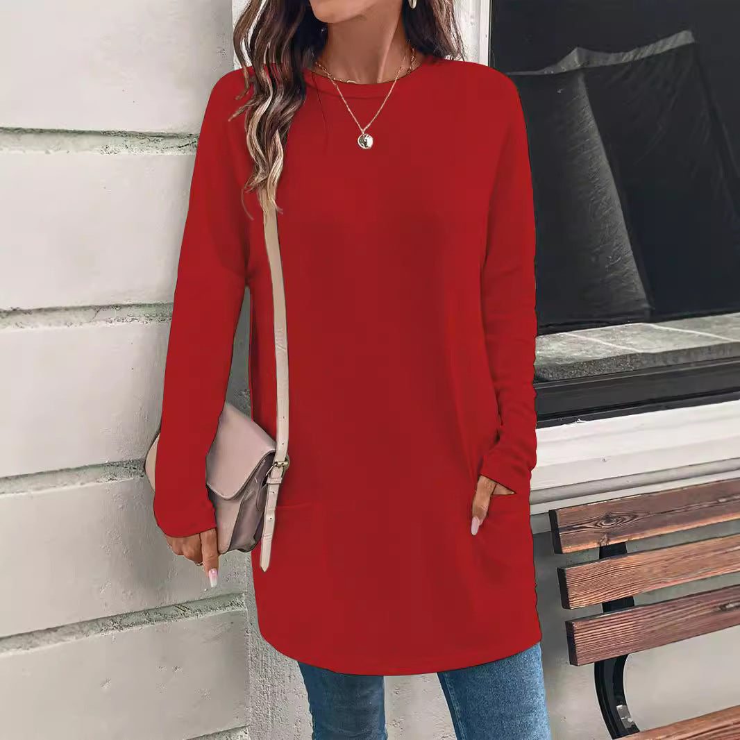 Solid Color Long Sleeve Loose Round Neck Pocket Top T-shirt
