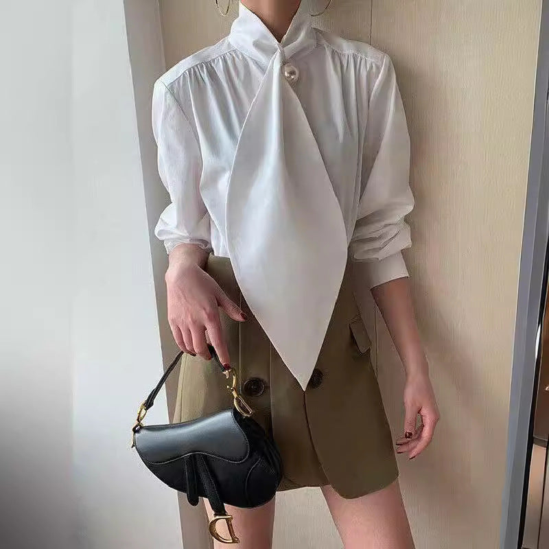 Original Design Inspiration Designer Model Top Shirt Women's Long Sleeve Loose Lapels White Black Blue