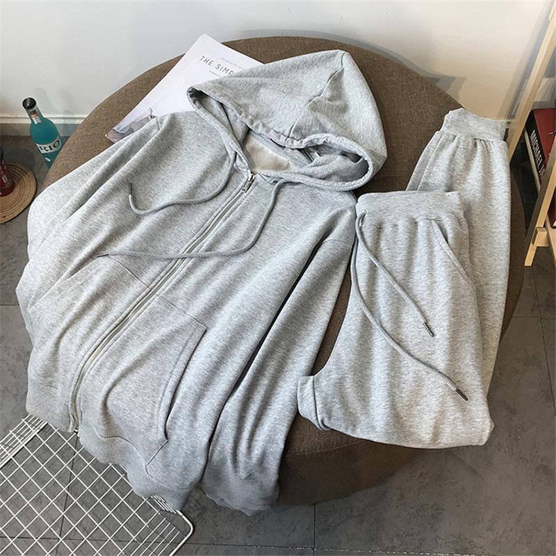 Sweater Zipper Hooded Sweatshirt Two-piece Set Loose