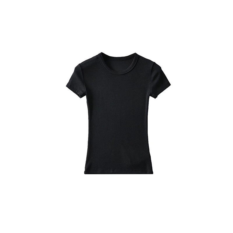 Basic Style Round Neck Tight Stretch Solid Color Short Sleeve T-shirt Top
