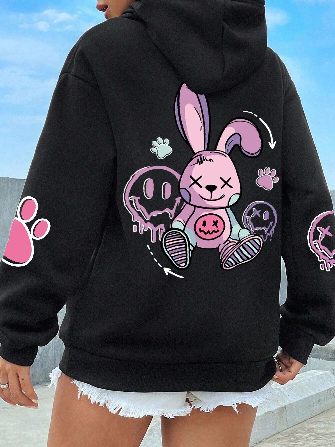 Drop-shoulder Sleeve Printed Hooded Long Sleeve Sweater