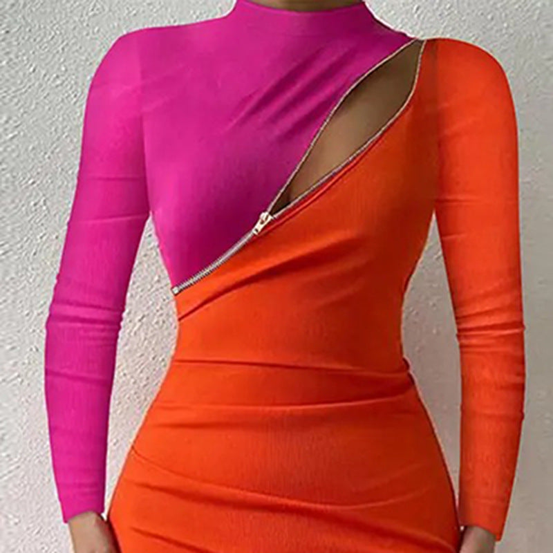 Autumn Women's Elegant Socialite Style High Waist Long-sleeve Zipper Tight Dress