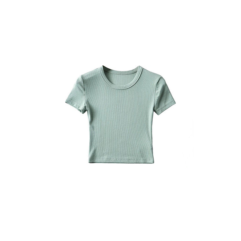 Basic Style Round Neck Tight Stretch Solid Color Short Sleeve T-shirt Top