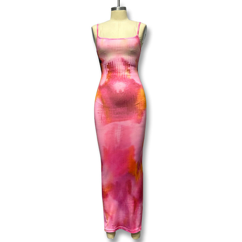 Vacation Style Printed Low Cut Dress