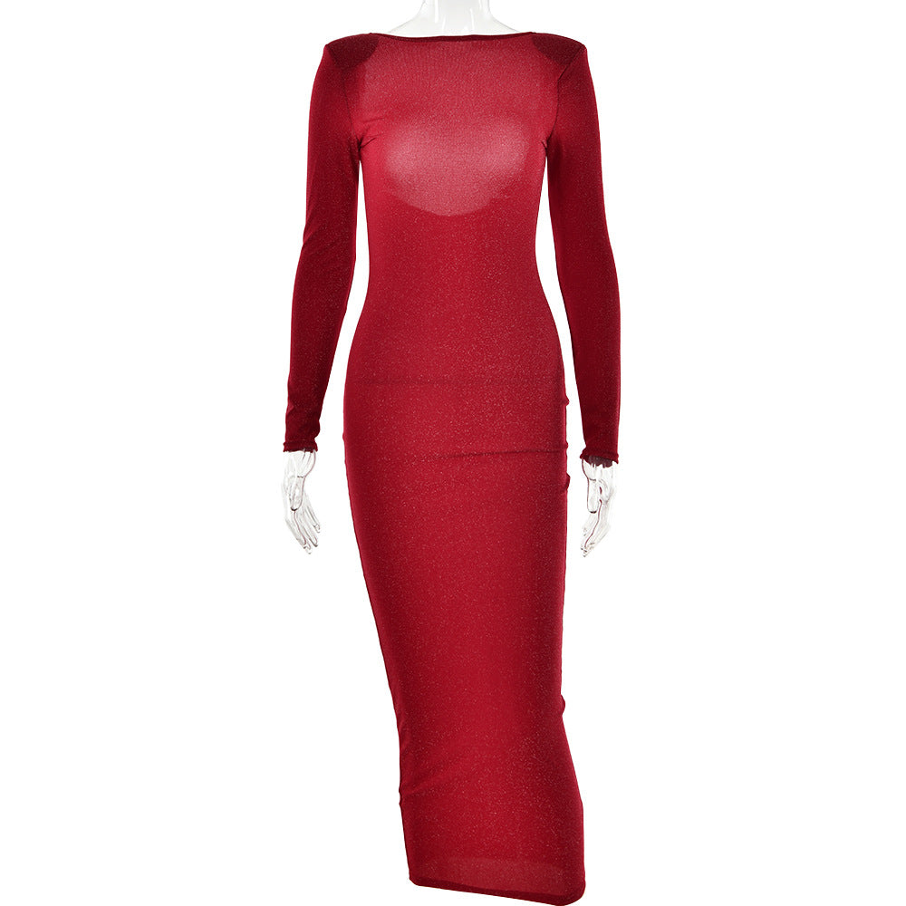 A Line Neck Bright Silk Dress Party Style Sexy Spice Girls Show Back Slim-fit One-step Dress