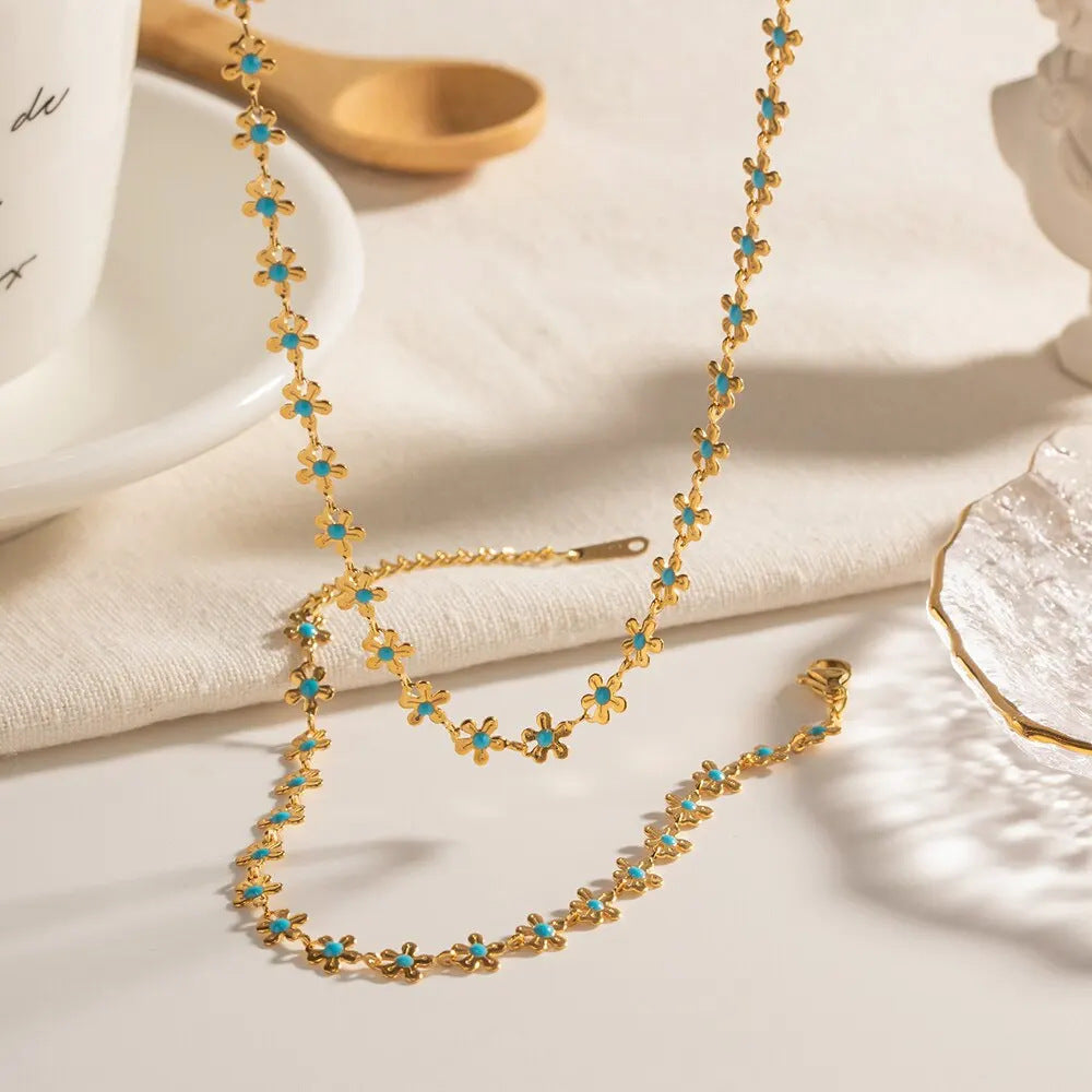 Gold Blue With Flowers Drop Oil Necklace Titanium Steel