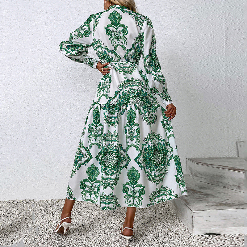 Printed V-neck Irregular Long Dress
