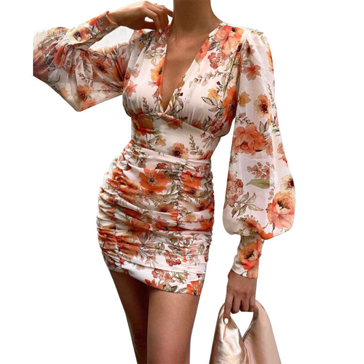 Printed Deep V Lantern Sleeves Pleated Temperament Commuter A-line Dress Women