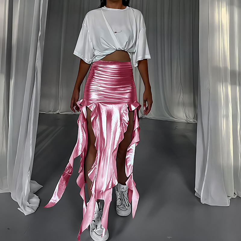 Ribbon Tassel Reflective PU Fishtail Skirt Micro Elastic Irregular