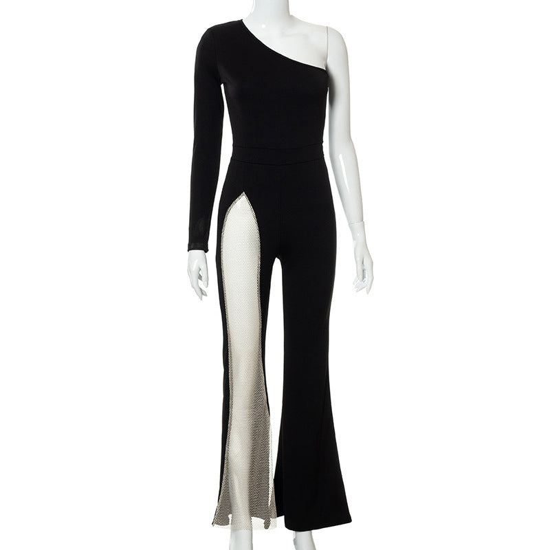 Fashion Solid Color One-shoulder Mesh Stitching Jumpsuit