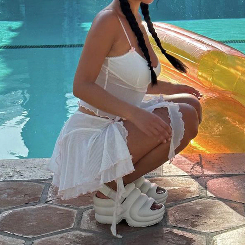 Summer Solid Mesh Pleated Skirt