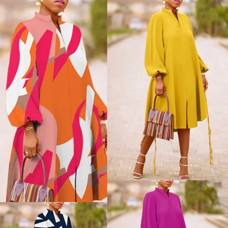 Women's V-neck Lantern Sleeves Long-sleeved Dress