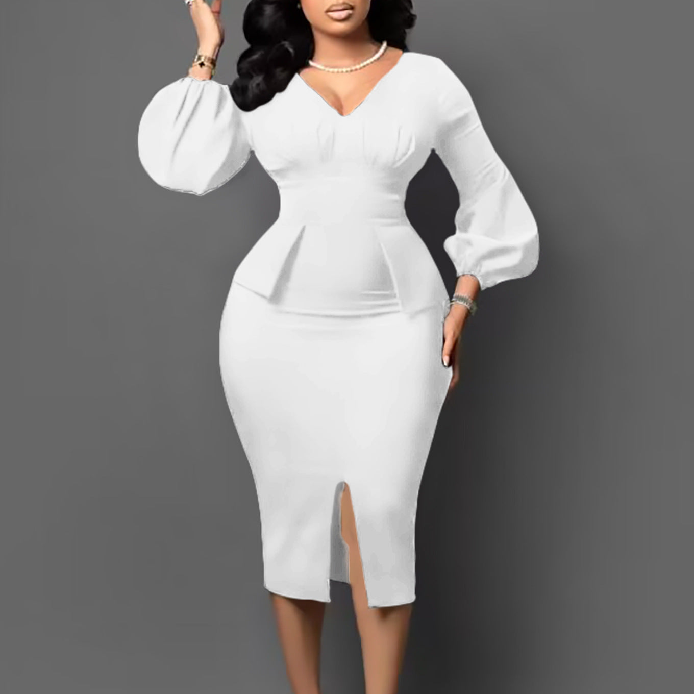 Women's Clothing V-neck Puff Sleeve Split Dress Pencil Skirt