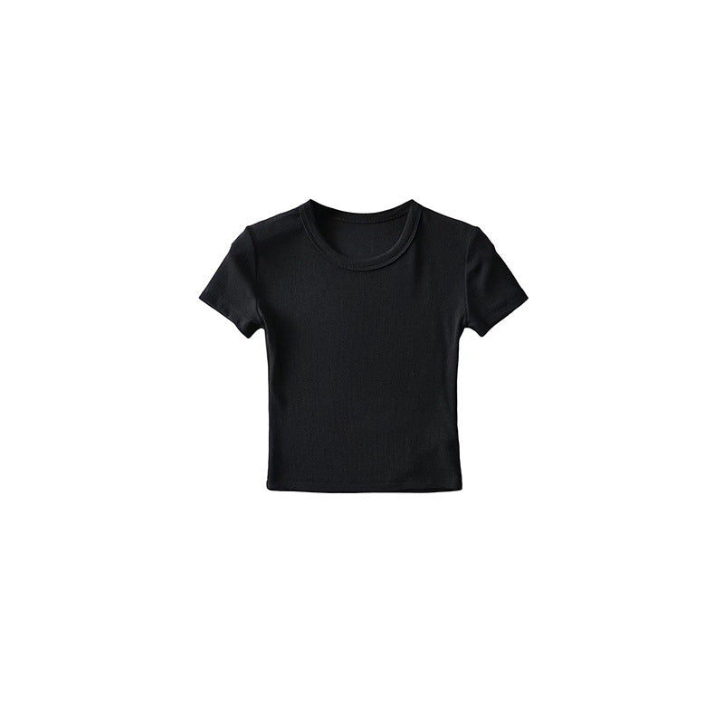 Basic Style Round Neck Tight Stretch Solid Color Short Sleeve T-shirt Top