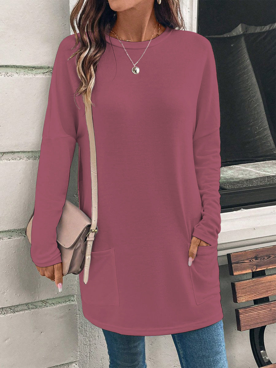 Solid Color Long Sleeve Loose Round Neck Pocket Top T-shirt