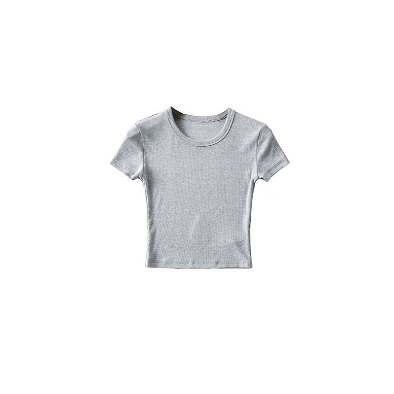 Basic Style Round Neck Tight Stretch Solid Color Short Sleeve T-shirt Top