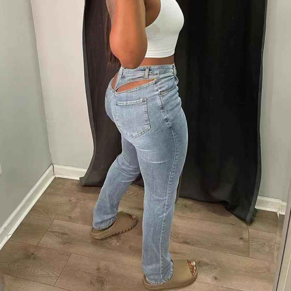 Women's High-waisted Denim Washed Hollow Stretch Leggings