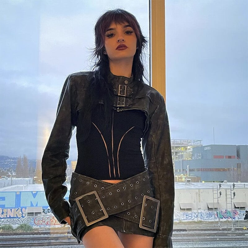 Vintage Worn Cross Belt Leather Miniskirt
