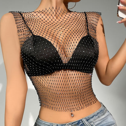 Net Drill Rhinestone Women's Clothing Short Sleeve Vest