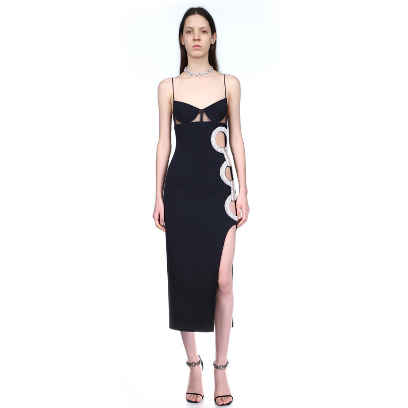 Hollow Jeweled Side Slit Sling Bandage Knitted Dress
