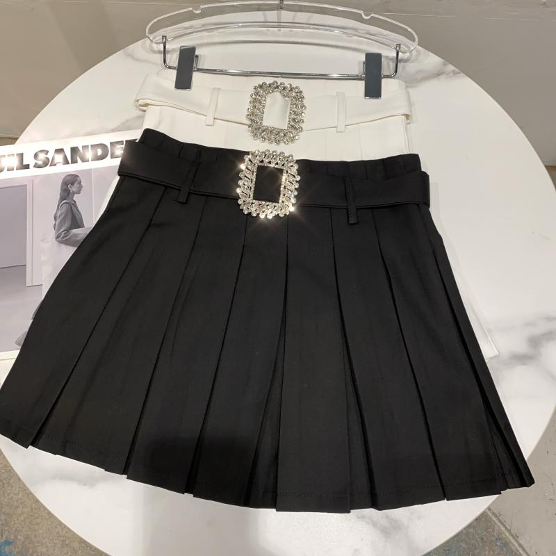 Square Rhinestone Waistband Design Anti Glare Pleated Skirt