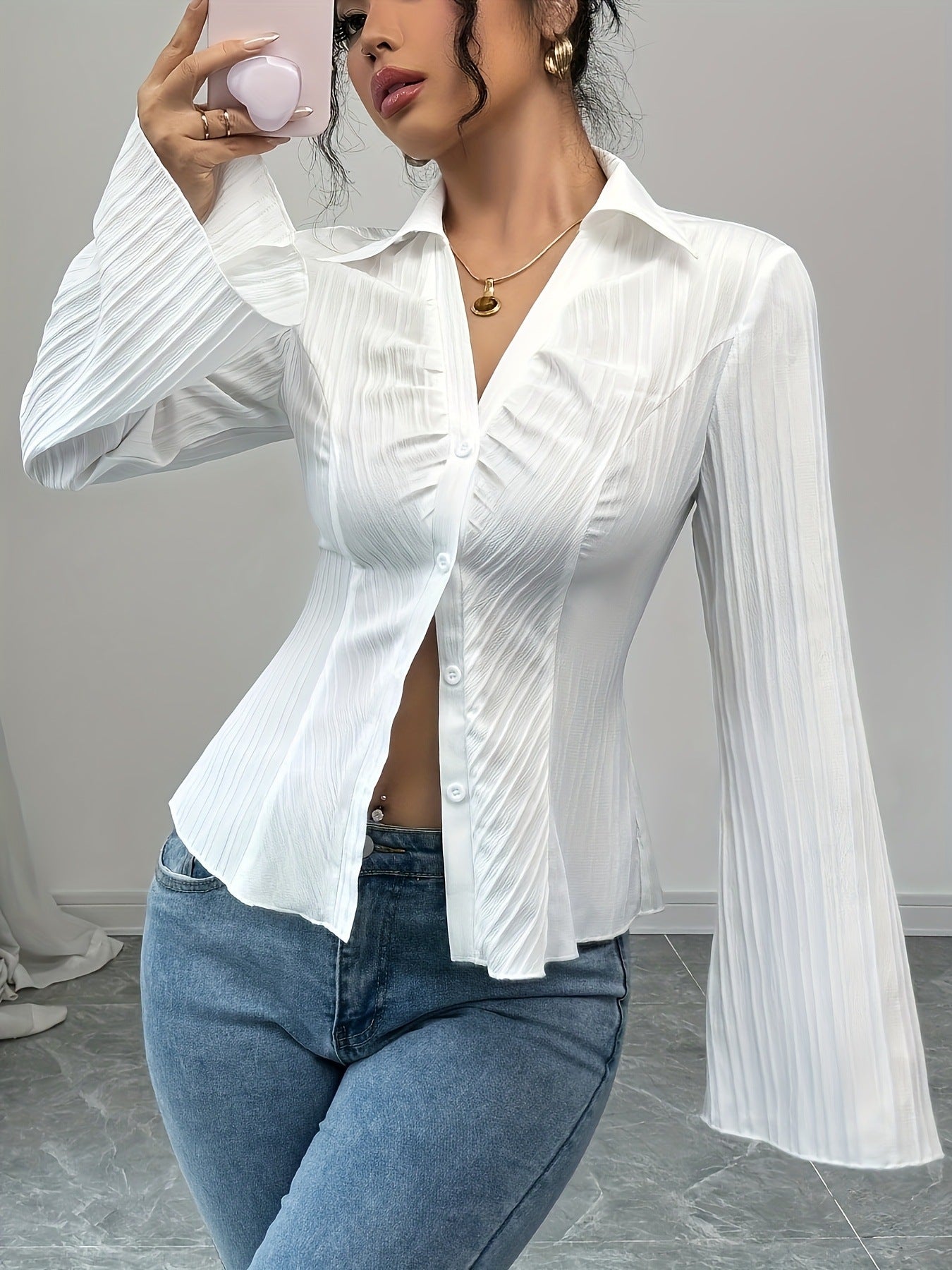 Elegant V-neck Single-breasted Solid-color Striped Blouse
