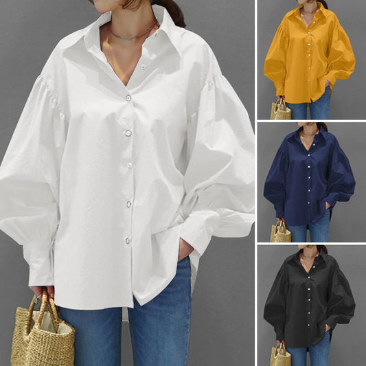 Women's Casual Shirt Lantern Sleeve Lapel Top