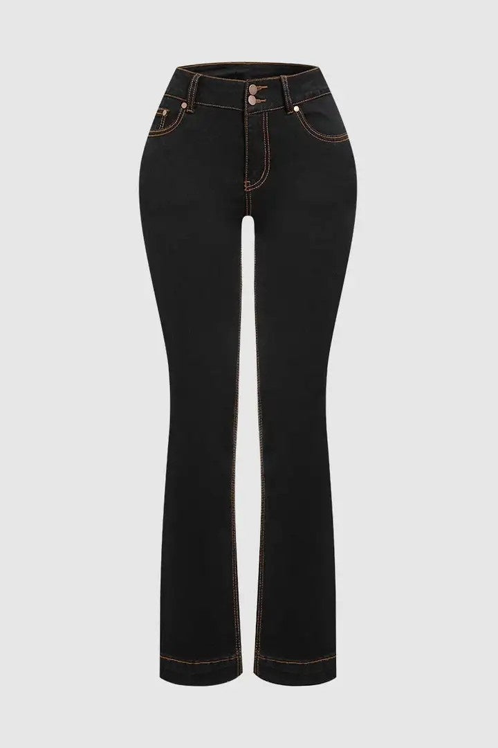 High-Rise Bootcut Jeans For Women, Tummy Control Dark Wash Denim With Double Button Waist, Durable Western Work & Riding Pants