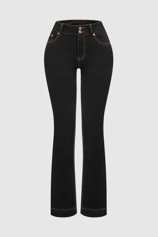 High-Rise Bootcut Jeans For Women, Tummy Control Dark Wash Denim With Double Button Waist, Durable Western Work & Riding Pants