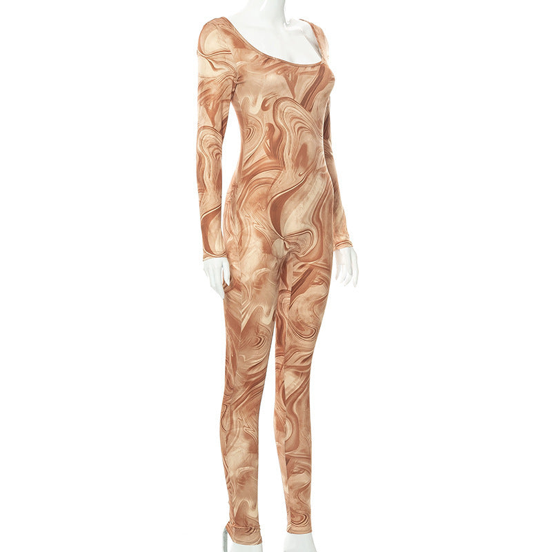 Pattern Print Long-sleeved Skinny  Jumpsuit