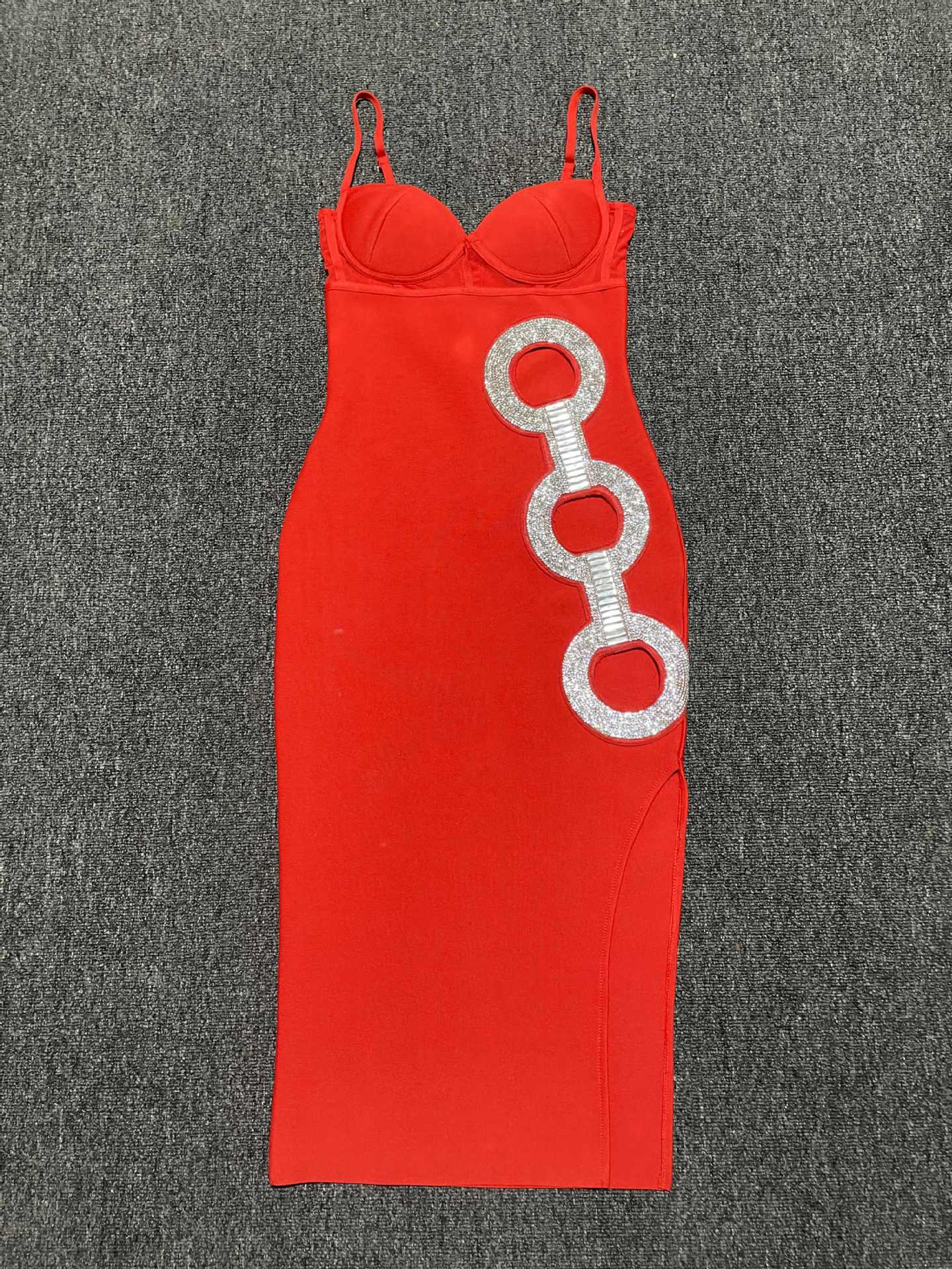 Hollow Jeweled Side Slit Sling Bandage Knitted Dress