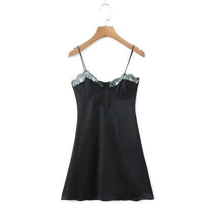 High Waist Lace-up Embroidered Lace Sling Dress
