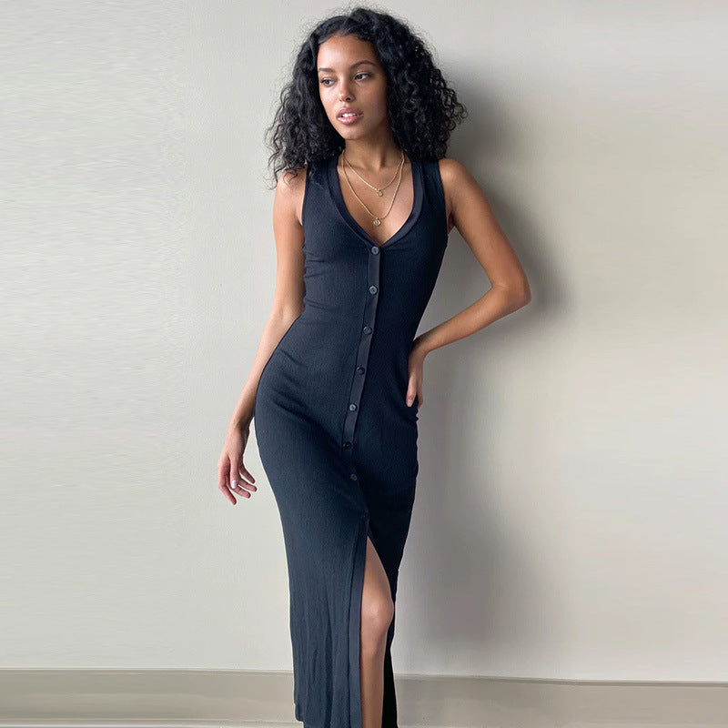 Slim-fit V-neck Button Slit Skirt