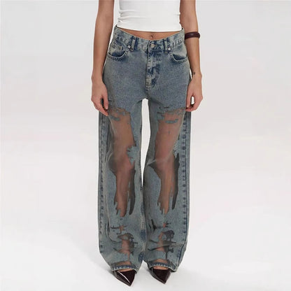Retro Straight-leg Pants Hollow Texture Niche Design Jeans Y2g Wide Leg