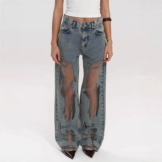 Retro Straight-leg Pants Hollow Texture Niche Design Jeans Y2g Wide Leg