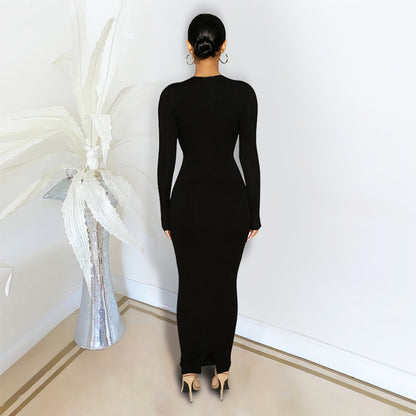 Pure Color Temperament Commuter Wrapped Chest Long Sleeve Midi Dress
