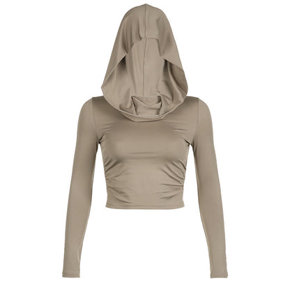 Solid Color Swing Collar Off-shoulder Hooded Top