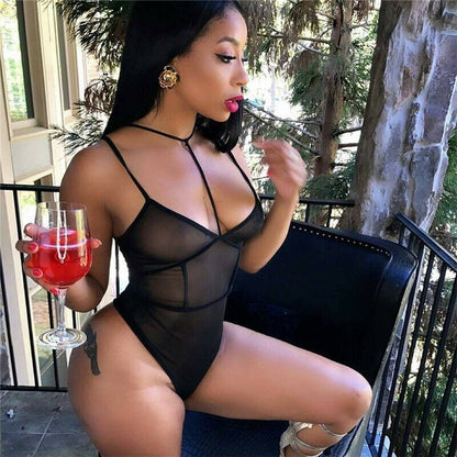 New fashion black mesh one-piece pajamas