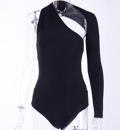 Sexy one-shoulder tight bodysuit milk silk bottoming shirt